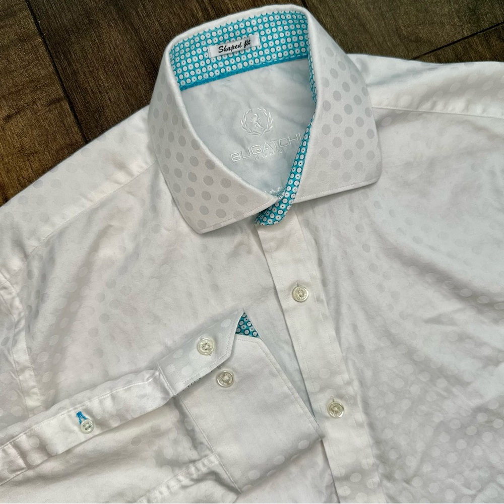 Bugatchi Uomo White Shaped Fit Mens Dress Shirt - Medium - Polka Dot Pattern
